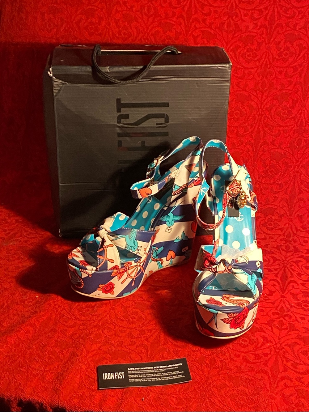Iron Fist platform sandals,She Sells Seashells,nautical print, skull charm,NIB,9